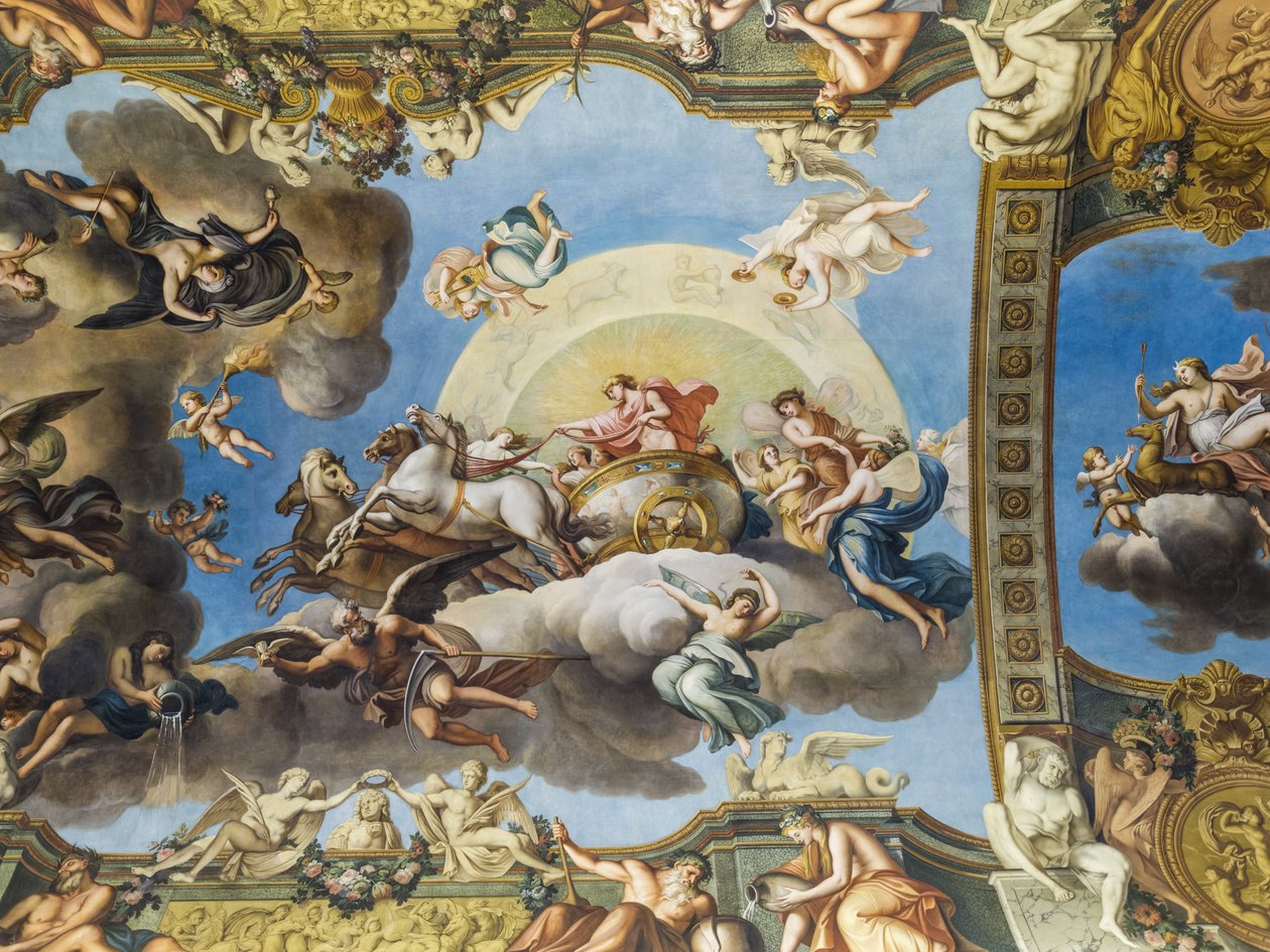 Allegori om solen. Maleri av hvelvet til Galerie doree, av Francois Perrier (1594-1649), 1645. Banque de France. Hotel de Toulouse, tidligere hotel de la Villiere, Paris - Hotel de Toulouse, hea av Unknown