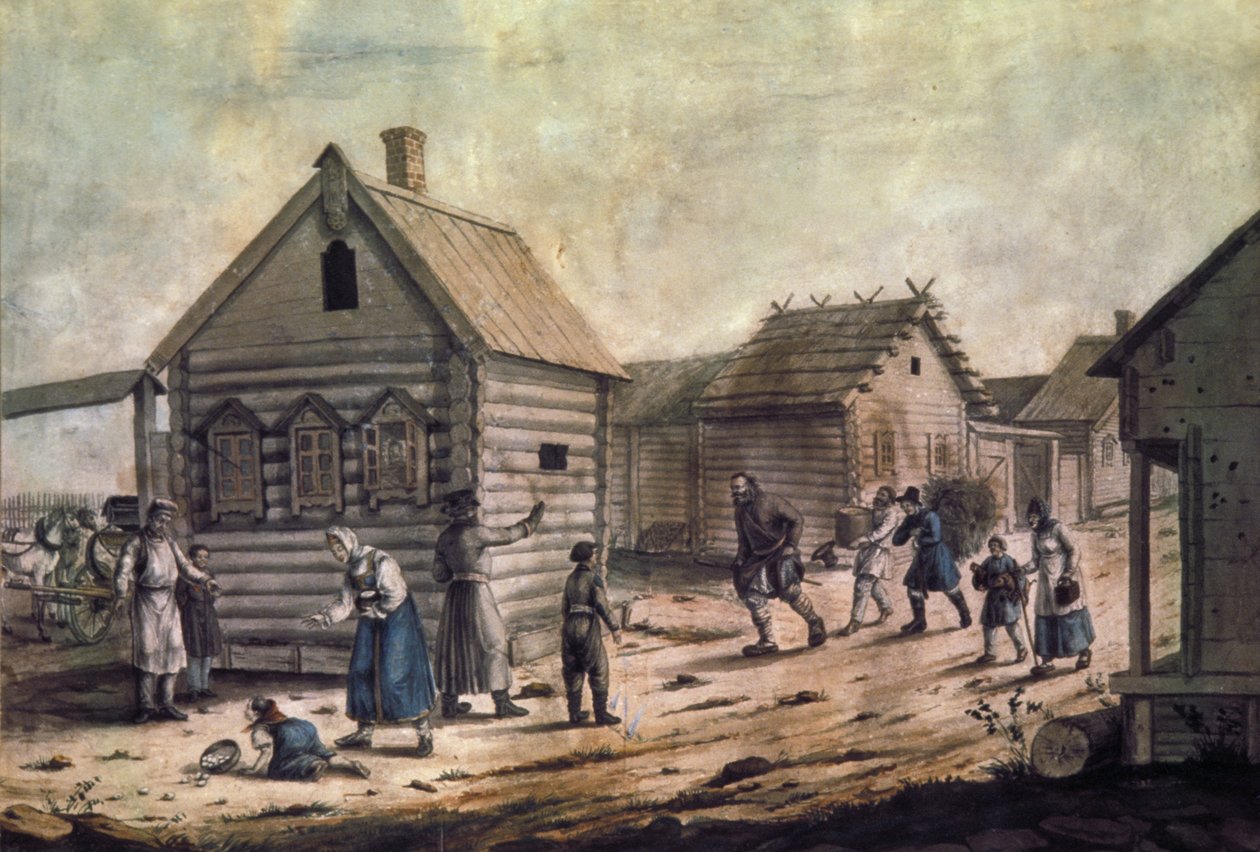 Ankomst av landsbyelskeren, et akvarellmaleri fra 1850-tallet. av Unknown