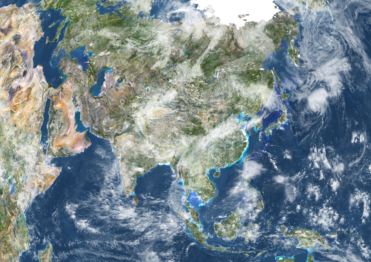 Asia med landegrenser og skydekning, ekte fargesatellittbilde av Unknown