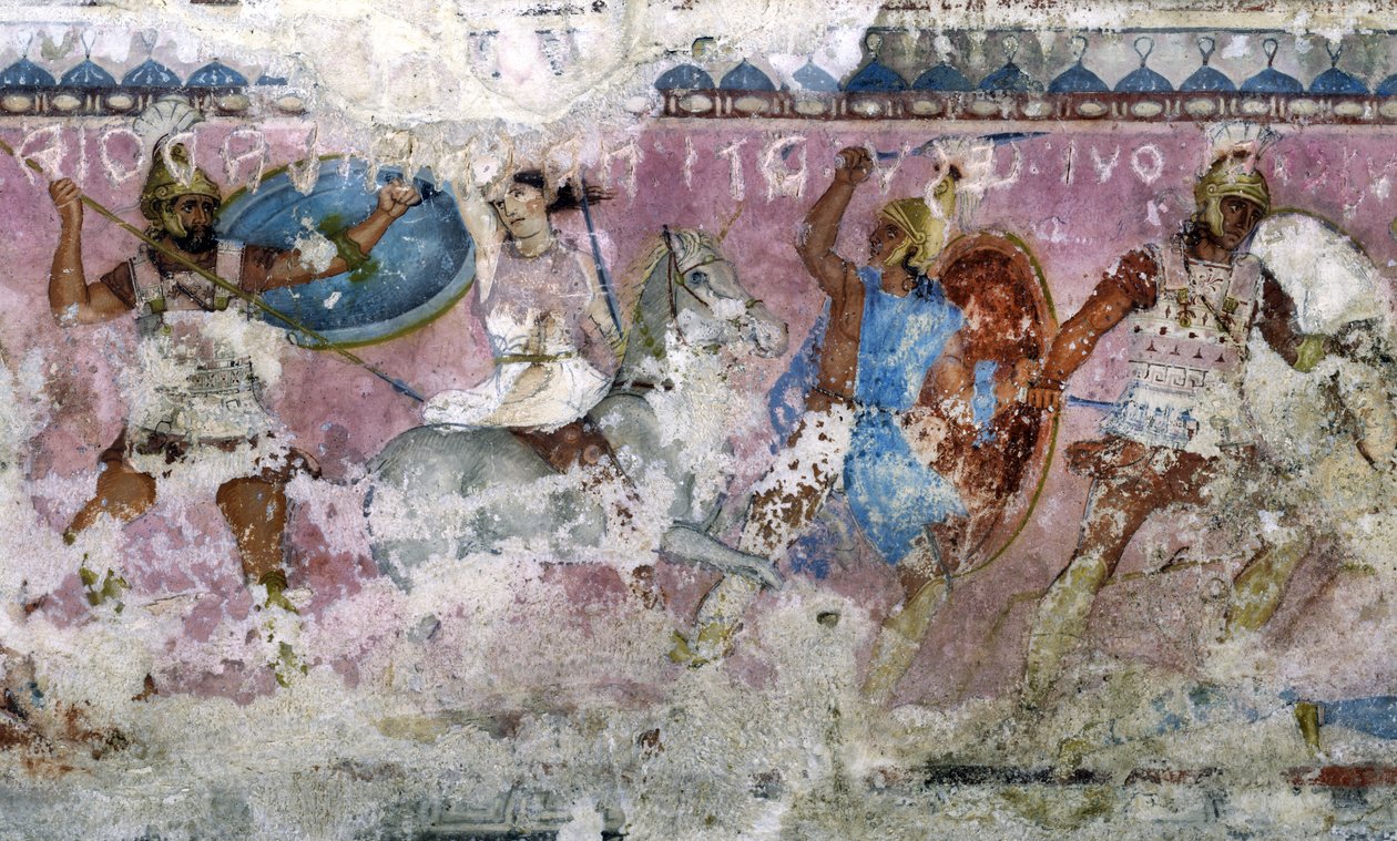 Kamp mellom grekere og amasoner, detalj fra siden av Amazonas sarkofag, Tarquinia, 4. århundre f.Kr. (tempera på alabast) (se også 36059, 85168 og 85169) av Unknown