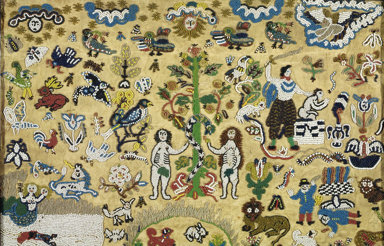 Beadwork Bilde: Fall of Man; Kain og Abel; Isaks offer; omgitt av dyr fra Edens hage, 1600-tallet. (silkebrodert med fargede perler) av Unknown