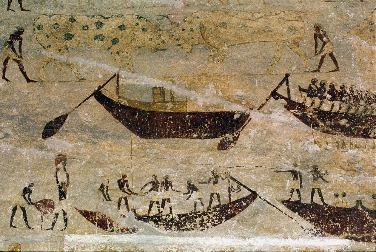 Båter som går nedstrøms, detalj fra et gravveggmaleri, egyptisk, gammelt til middels rike (malt kalkstein) av Unknown
