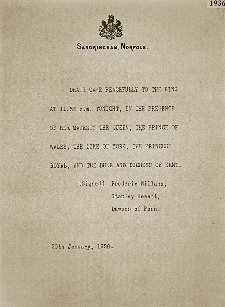 Bulletin publisert i Sandringham ved døden til kong George V, 20. januar 1936 av Unknown