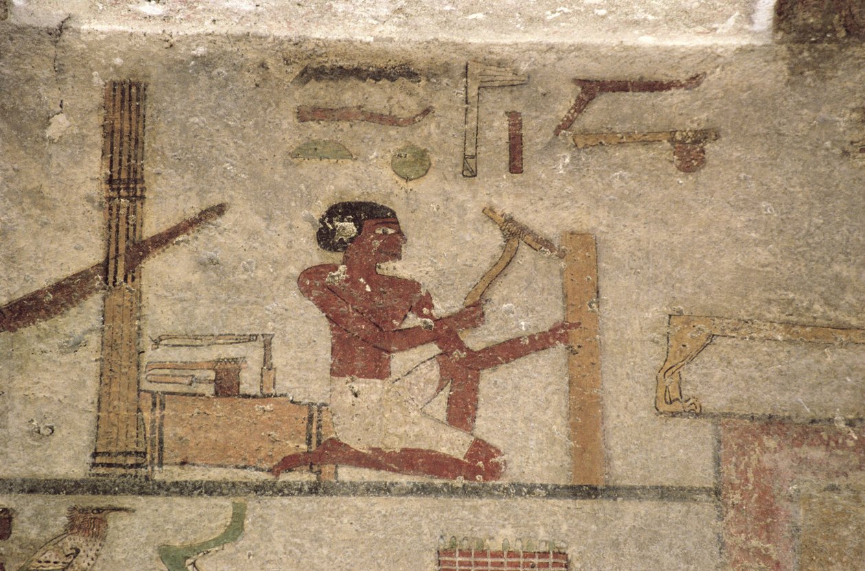 Carpenters Workshop, detalj fra et gravmaleri, egyptisk, Old to Middle Kingdom (malt kalkstein) av Unknown