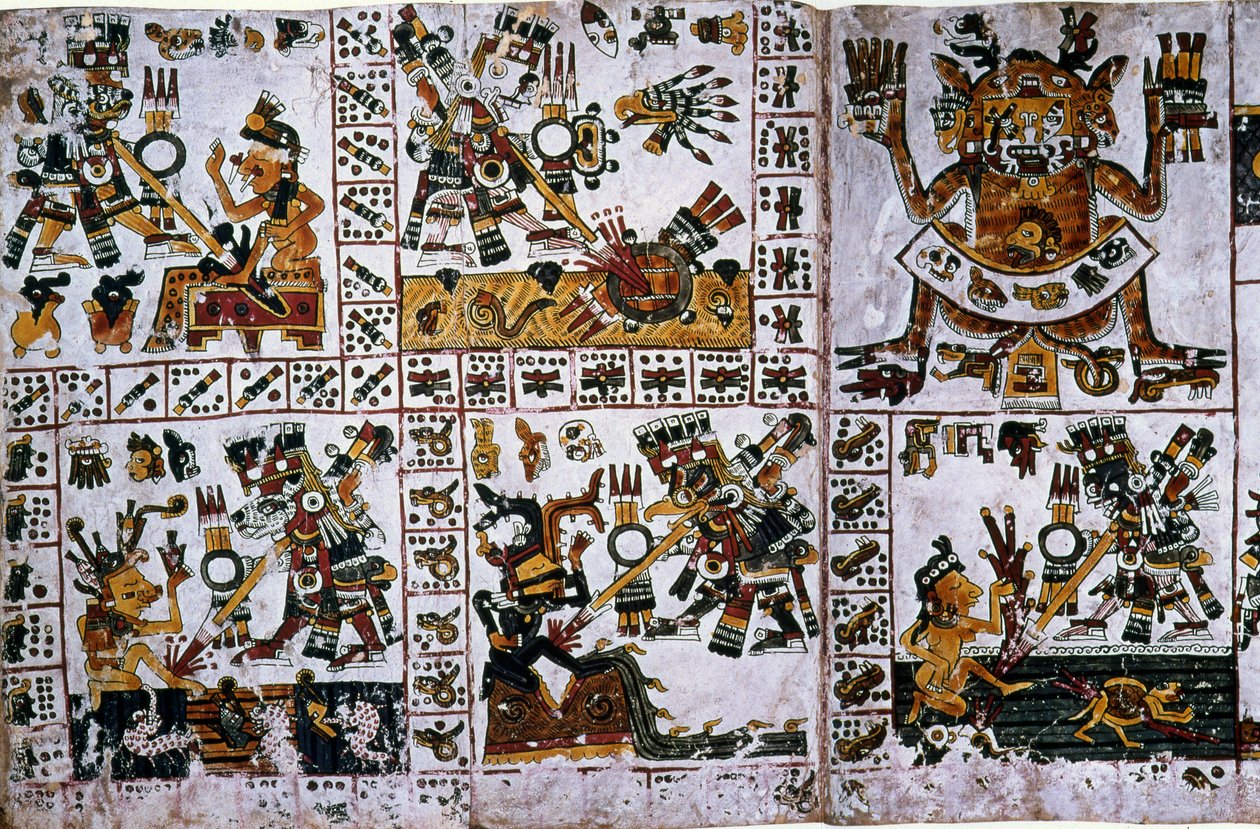 Detalj fra en faksimile Kopi av en side av Codex Borgia, detalj som viser angrepene til Tlauizcalpantecuhtli, guden Venus av Unknown