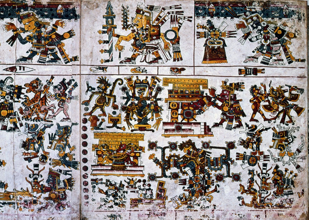 Detalj fra en faksimile Kopi av en side av Codex Borgia som viser seremonien til den nye brannen av Unknown