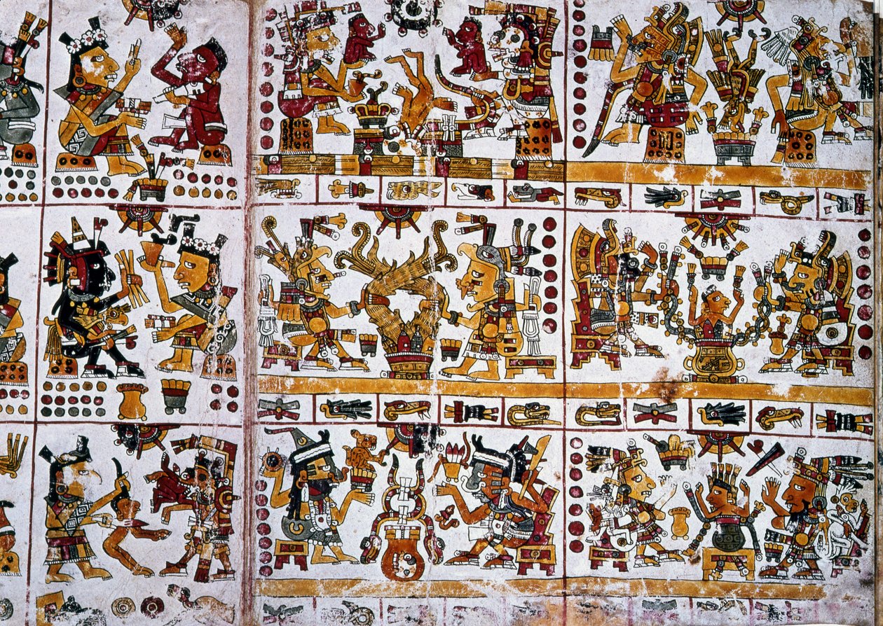 Detalj fra en faksimile Kopi av en side av Codex Borgia som viser seks par guder som representerer spådom for par av Unknown