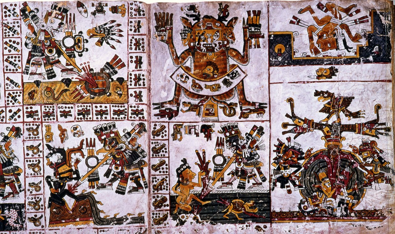 Detalj fra en faksimile Kopi av en side av Codex Borgia som viser angrepene til Tlauizcalpantecuhtli, guden Venus av Unknown