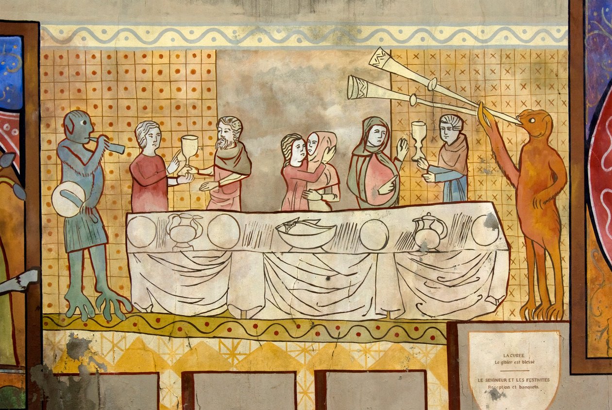 Tegning av en middelalderbankett med drikkere, elskere og imaginære dyr som spiller trommer og trompeter. av Unknown