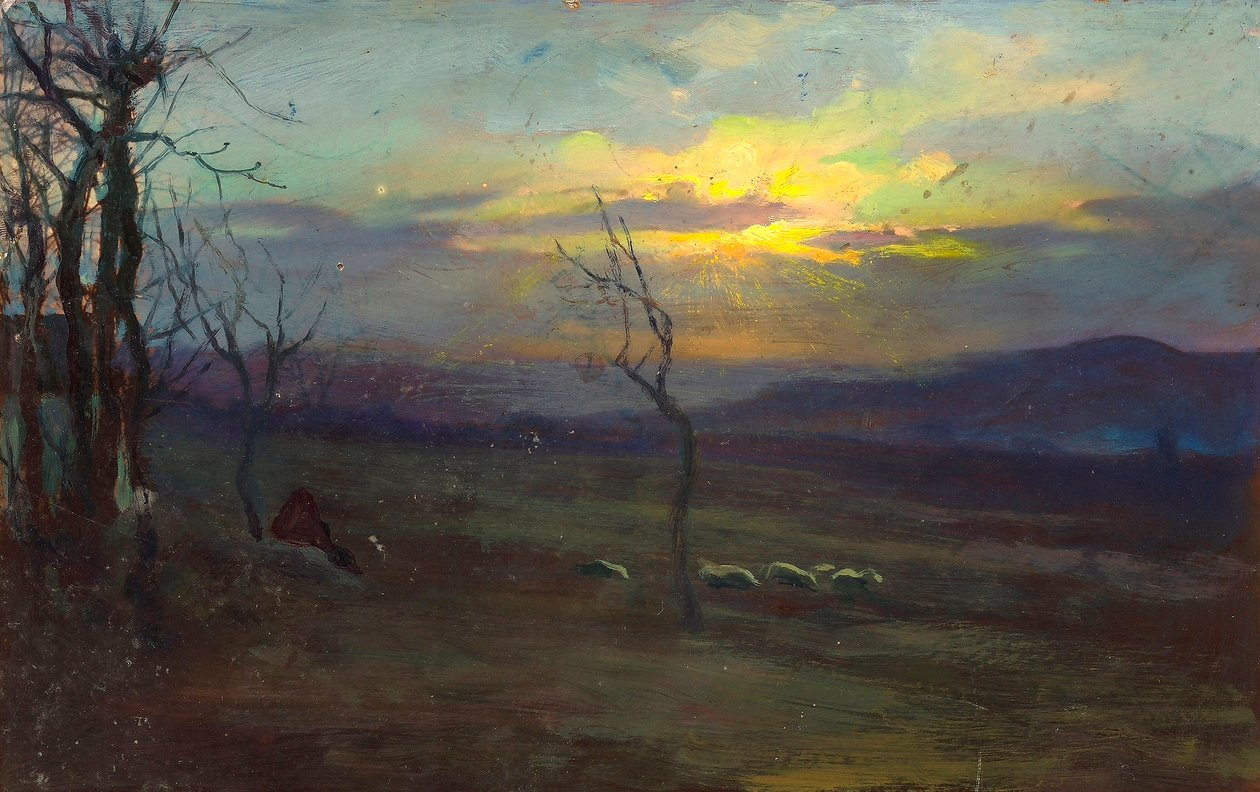 Skumring. Fotomaleri som viser et landskap ved solnedgang av Unknown