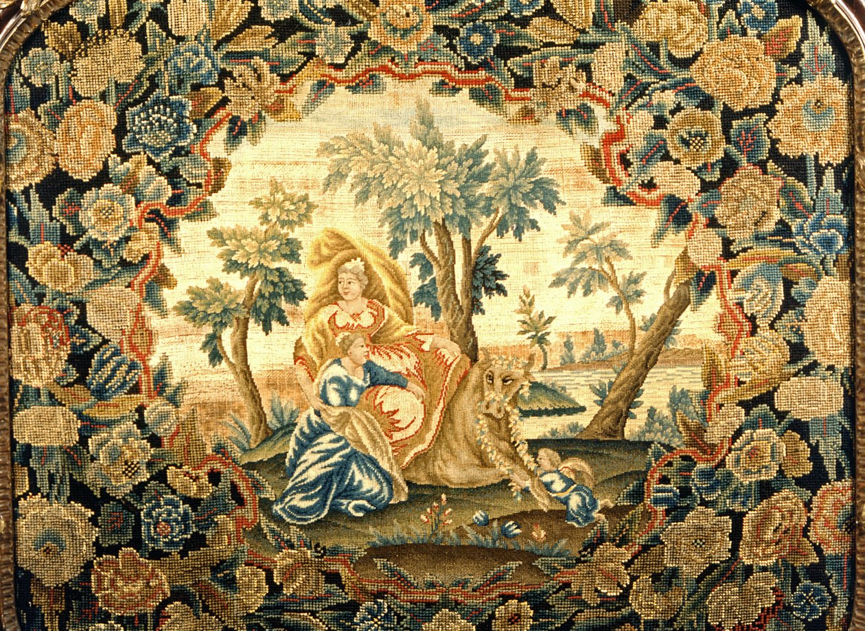 Europa and the Bull, nærbilde av billedvevskjerm i George III treramme, 1700-tallet (ull og silke) av Unknown