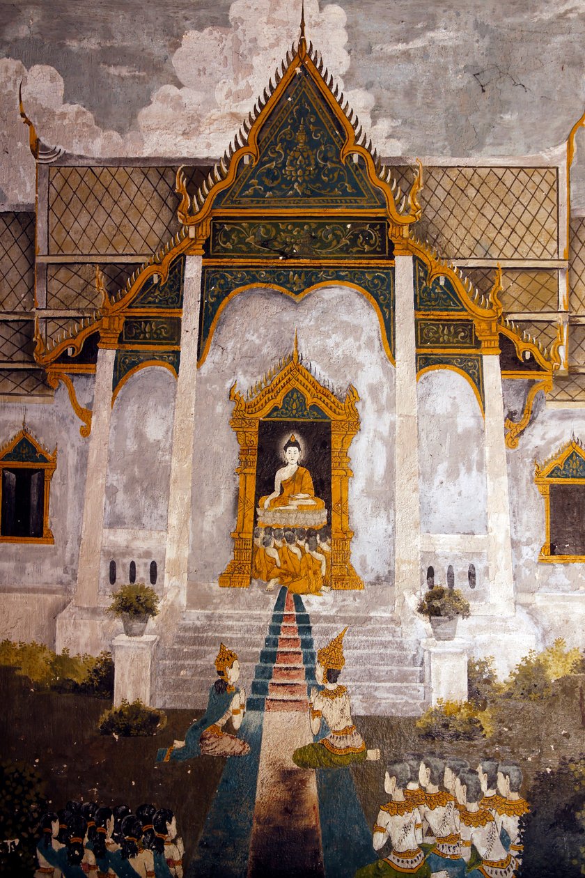 Fresco som viser en scene fra Buddhas liv i Wat Phra Doi Suthep, Chiang Mai. Thailand av Unknown