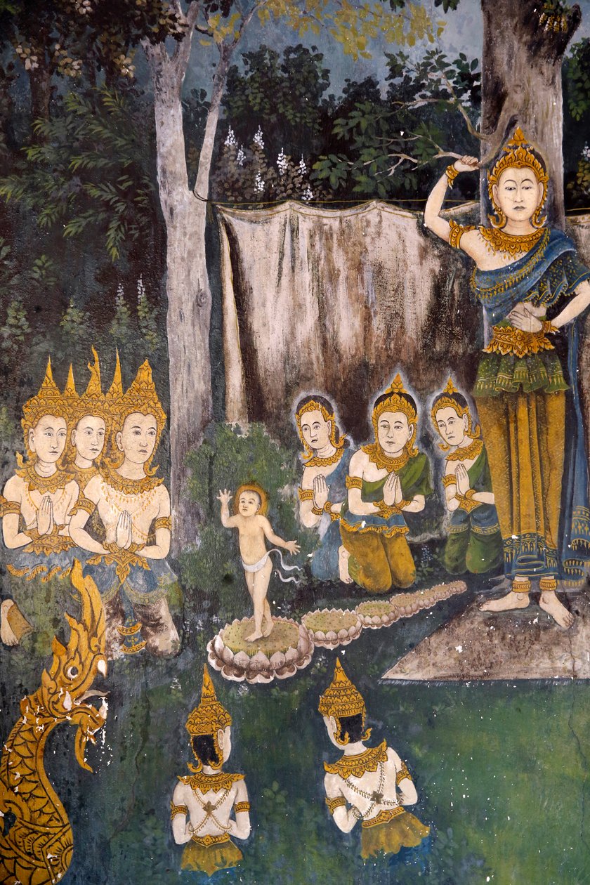 Fresco som viser en scene fra Buddhas liv i Wat Phra Doi Suthep, Chiang Mai. Thailand. Buddha som barn. r av Unknown