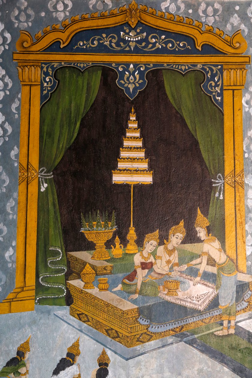 Fresco som viser en scene fra Buddhas liv i Wat Phra Doi Suthep, Chiang Mai. Ung Buddha som en prins. Thailand av Unknown