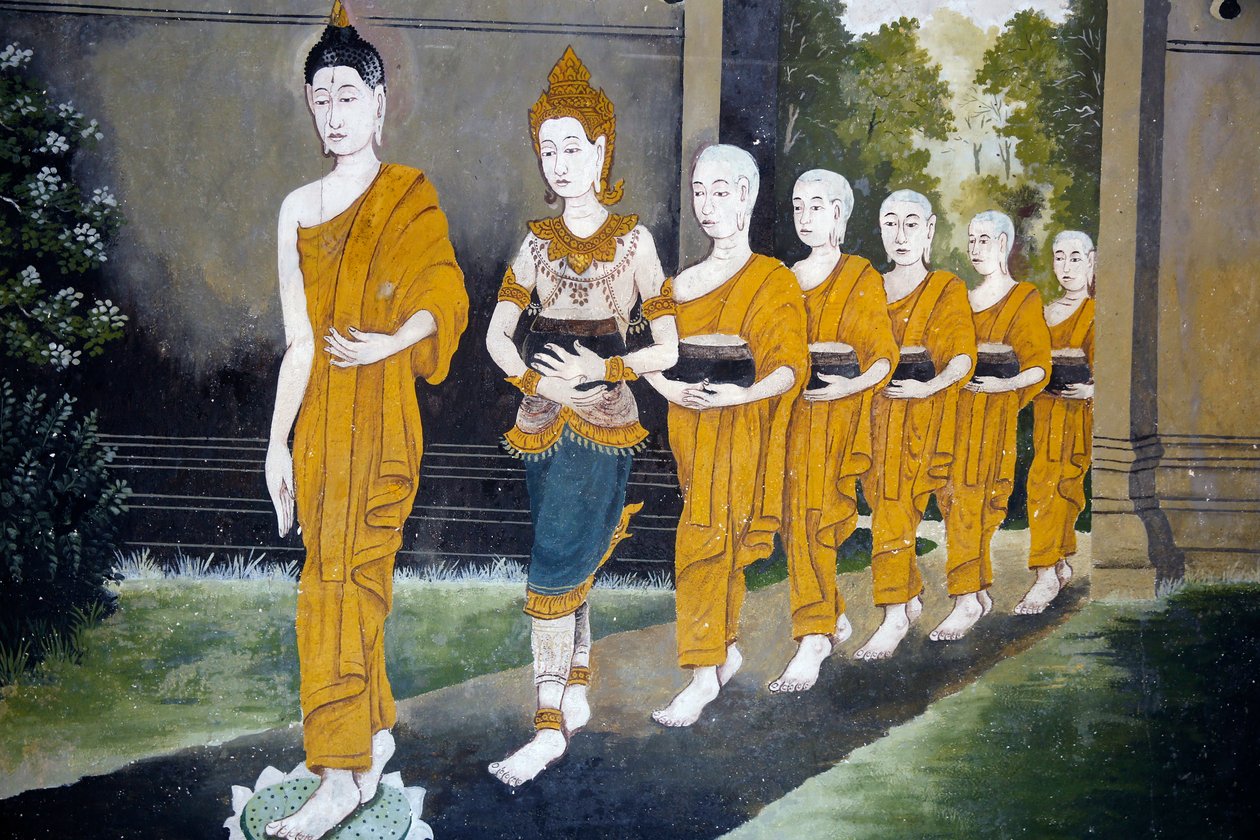 Fresco som viser en scene fra Buddhas liv i Wat Phra Doi Suthep, Chiang Mai. Buddha og munker på almissunde. Thailand av Unknown