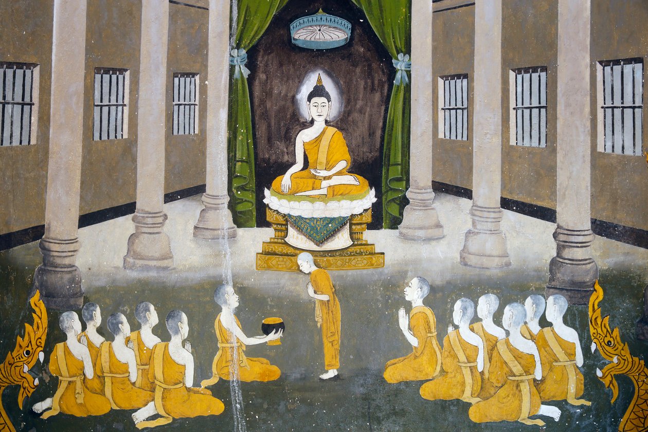 Fresco som viser en scene fra Buddhas liv i Wat Phra Doi Suthep, Chiang Mai. Buddha med sin sangha. rThailand av Unknown