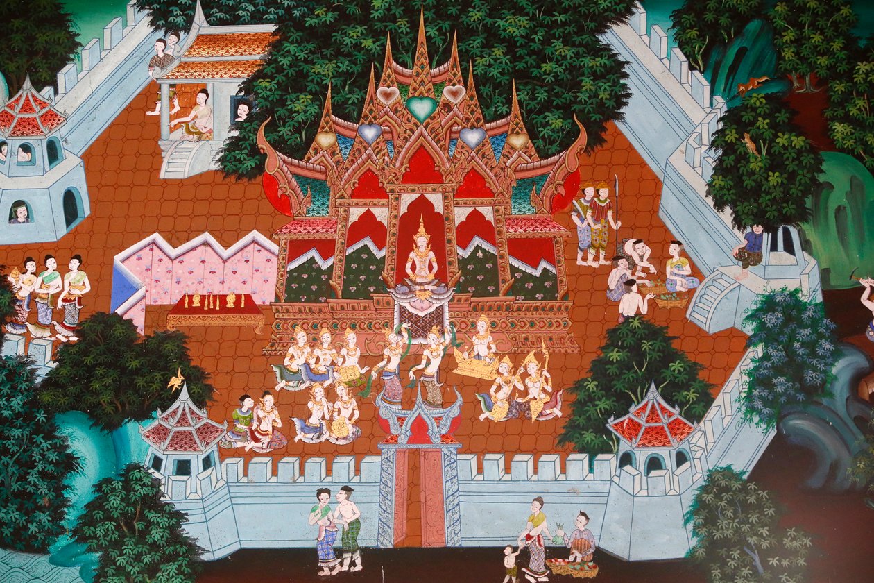 Fresco i Butt Epharam, Hua Hin, Thailand. Temia Jatka, også kalt Muga-Paksha Jatka, Lives of One of T Buddhas Forum. av Unknown