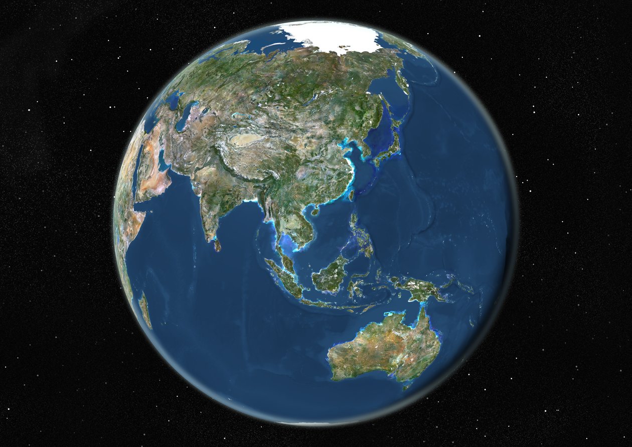 Globus sentrert på Asia og Oseania, ekte farge satellittbilde av Unknown