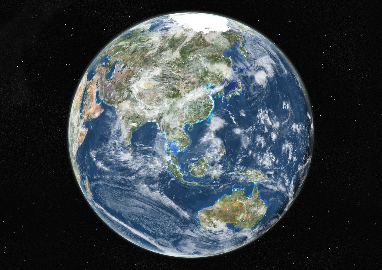 Globus sentrert på Asia og Oseania, ekte farge satellittbilde av Unknown