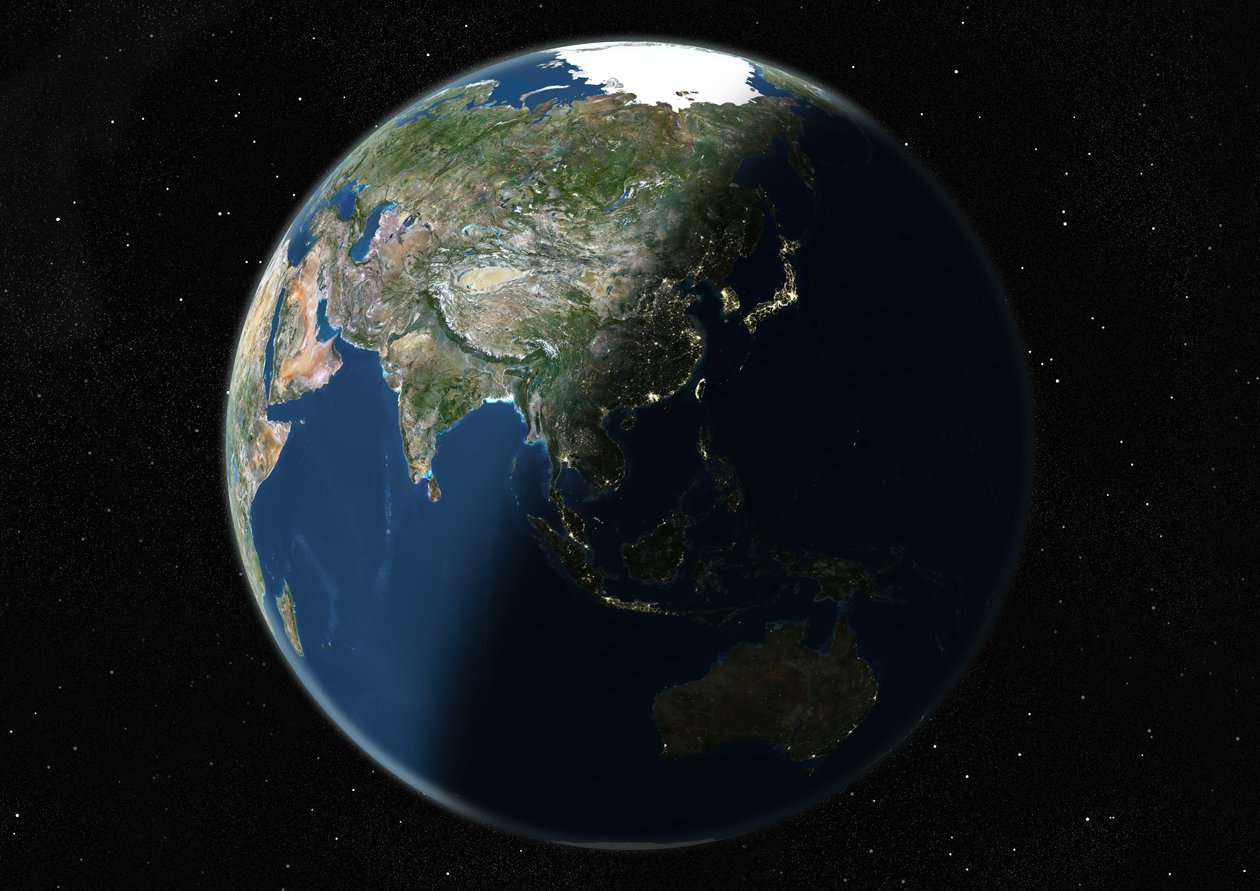 Globus sentrert på Asia og Oseania, ekte farge satellittbilde av Unknown