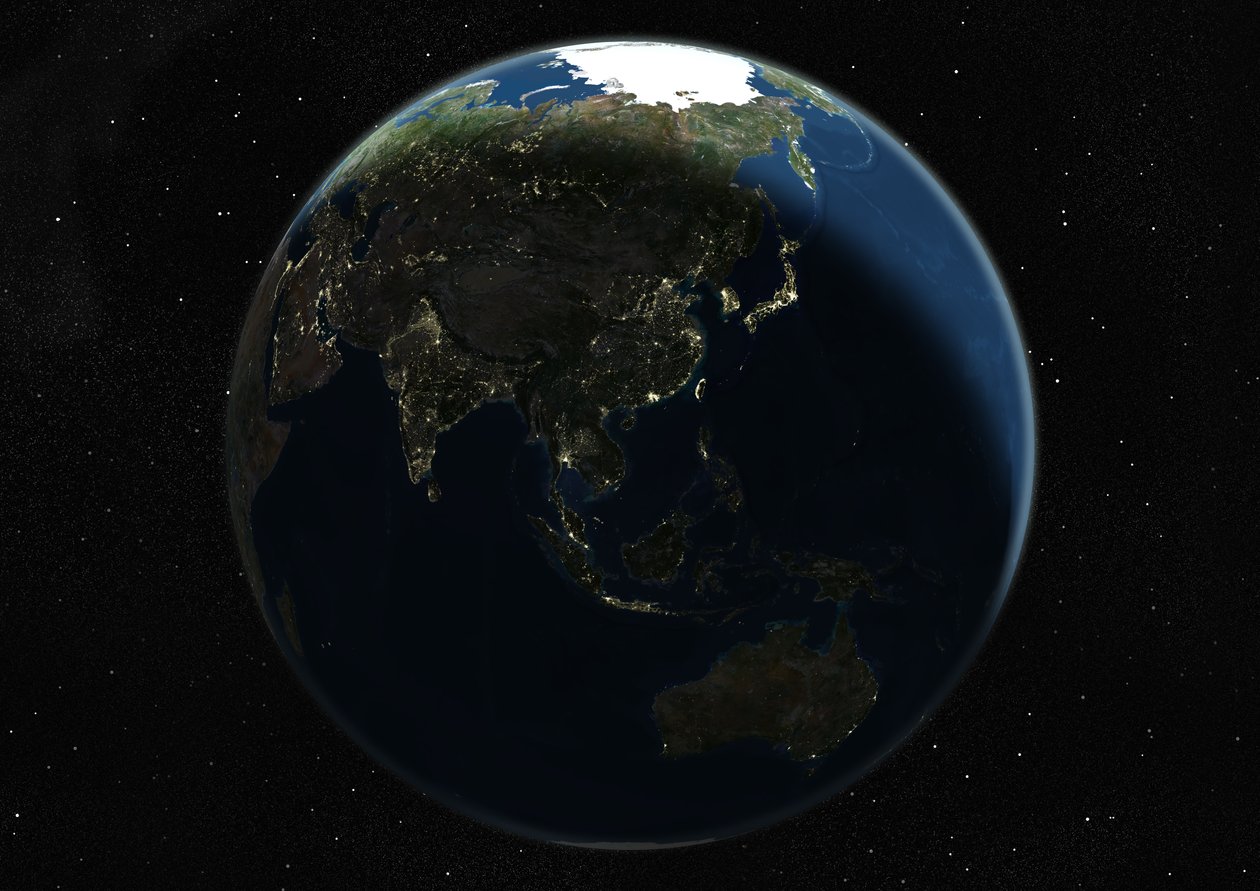 Globus sentrert på Asia og Oseania, ekte farge satellittbilde av Unknown