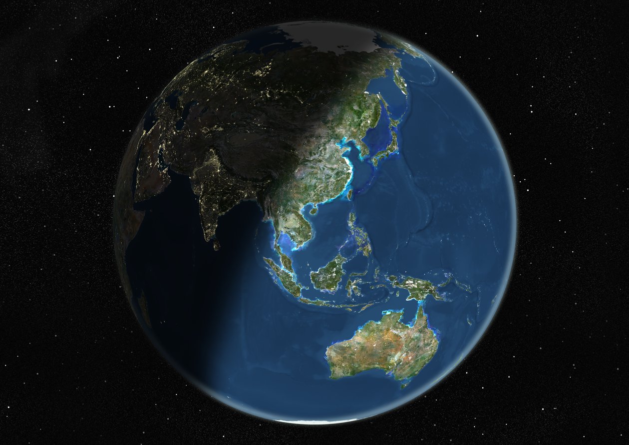 Globus sentrert på Asia og Oseania, ekte farge satellittbilde av Unknown