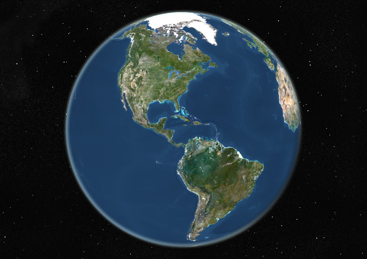 Globus sentrert på Amerika, ekte fargesatellittbilde av Unknown