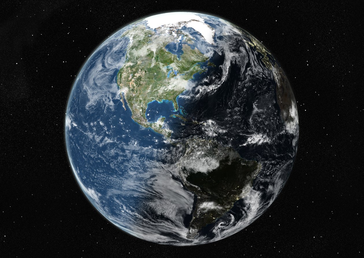 Globus sentrert på Amerika, ekte fargesatellittbilde av Unknown