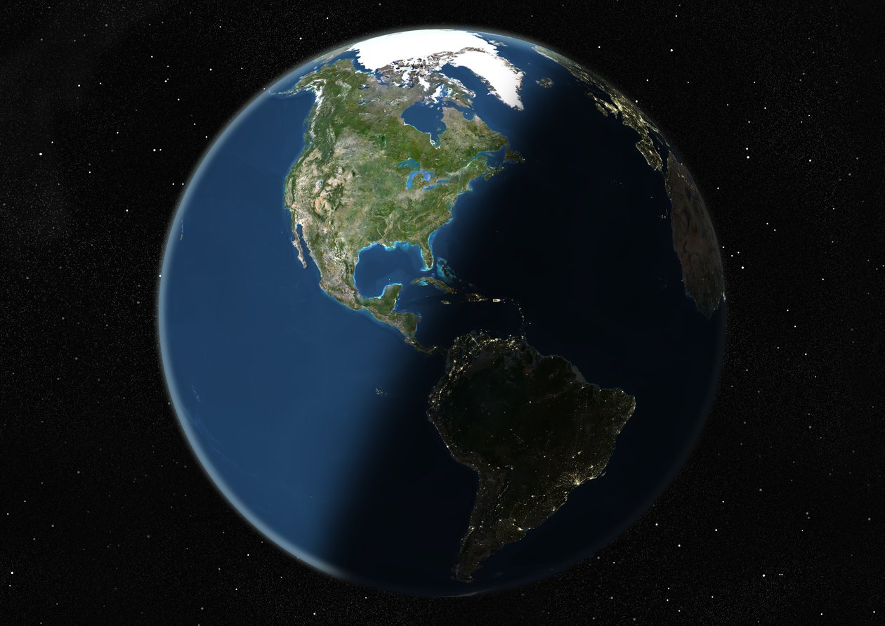 Globus sentrert på Amerika, ekte fargesatellittbilde av Unknown