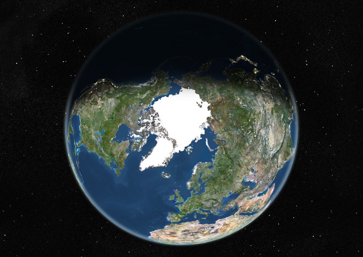 Globus sentrert på Nordpolen, ekte farge satellittbilde av Unknown