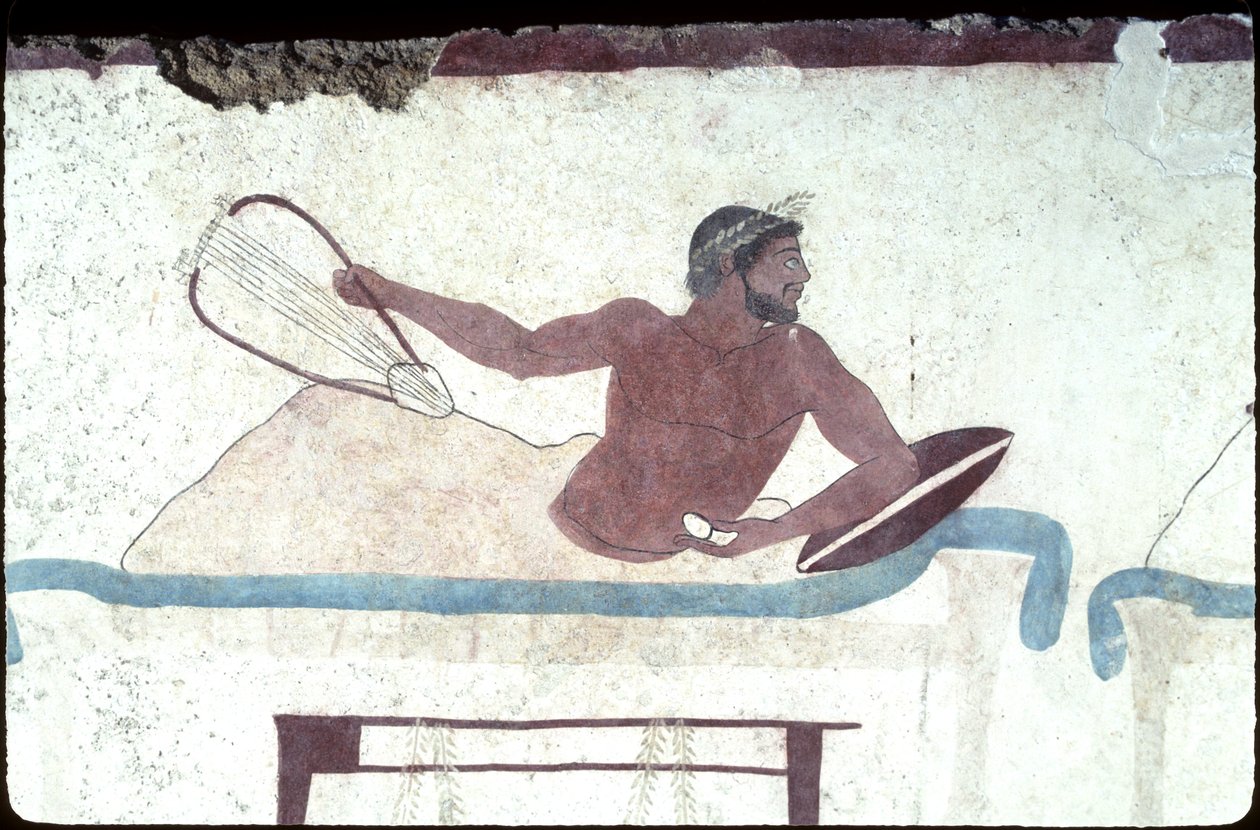 Gresk maleri fra dykkerens grav, Paestum, 480 f.Kr. Banqueters. Symposiumscene, Italia av Unknown