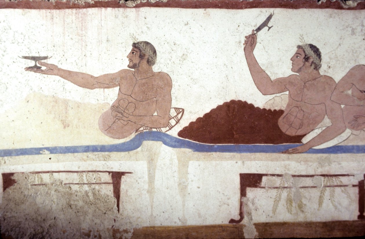 Gresk maleri fra dykkerens grav, Paestum, 480 f.Kr. Banqueters. Symposiumscene, Italia av Unknown