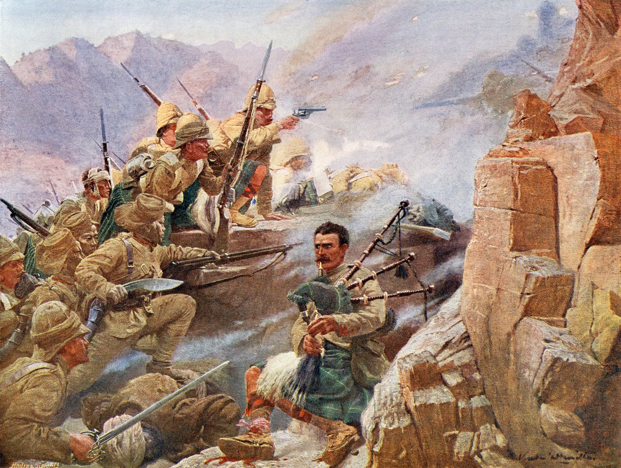 Gurkhaer bevæpnet med sine kukri eller khukuri, en nepalesisk kniv med et innoverbuet blad, sammen med medlemmer av Gordon Highlanders som stormet Dargai-høydene i 1897 under The Tirah Campaign av Unknown