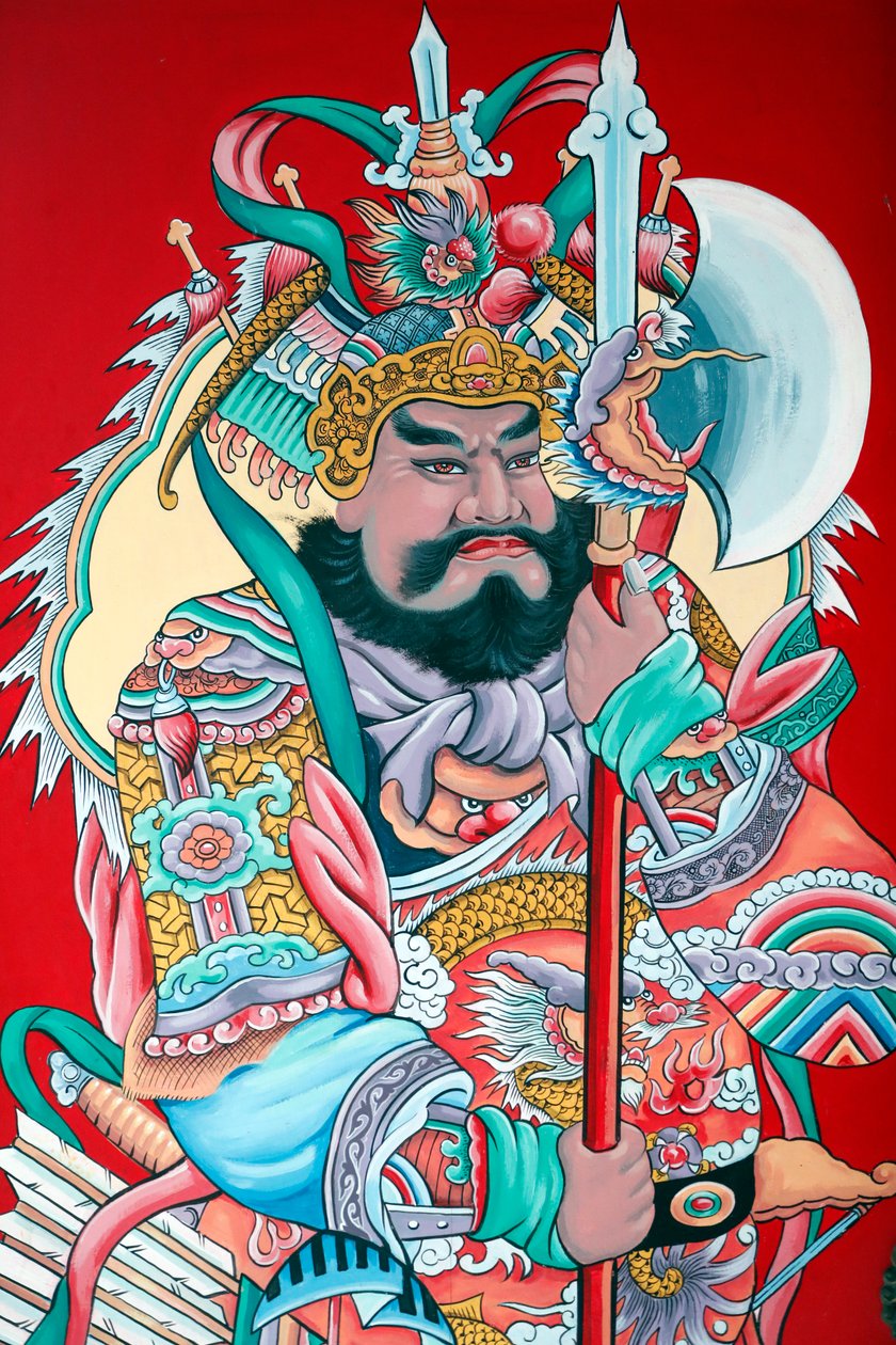Hoi Tuong Te Nguoi Hoa buddist kinesisk tempel. Vaktfigurmalerier på porten. Phu Quoc. Vietnam. av Unknown