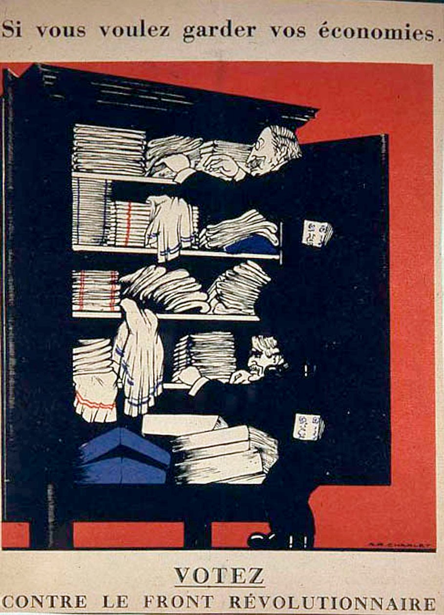 Hvis du vil beholde sparepengene dine, stem mot den revolusjonære fronten, antikommunistisk plakat i 1936 av Unknown
