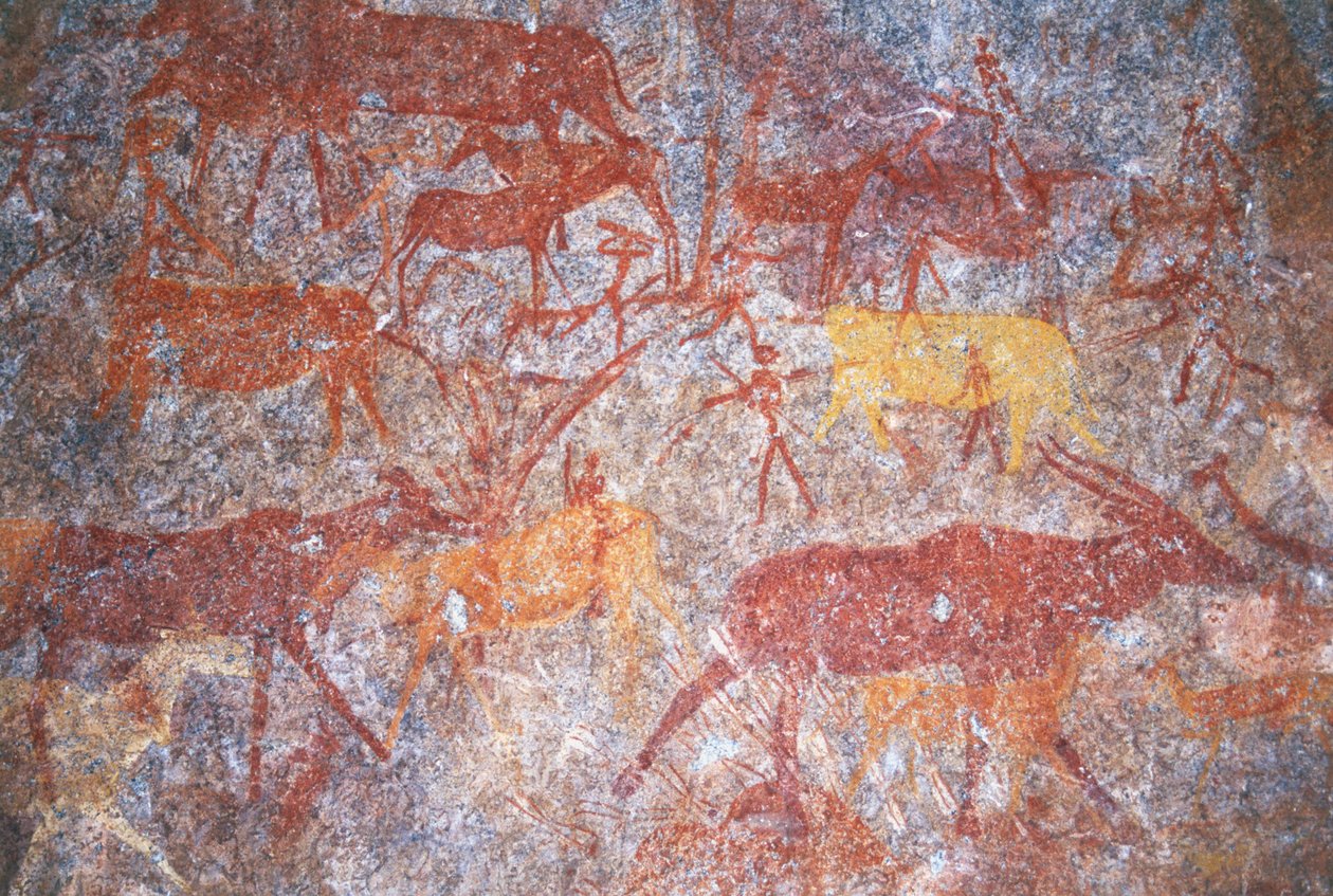 Inanke-fjellmalerier fotografert i en hule i Matobo nasjonalpark, Zimbabwe. 1. april 1998. av Unknown