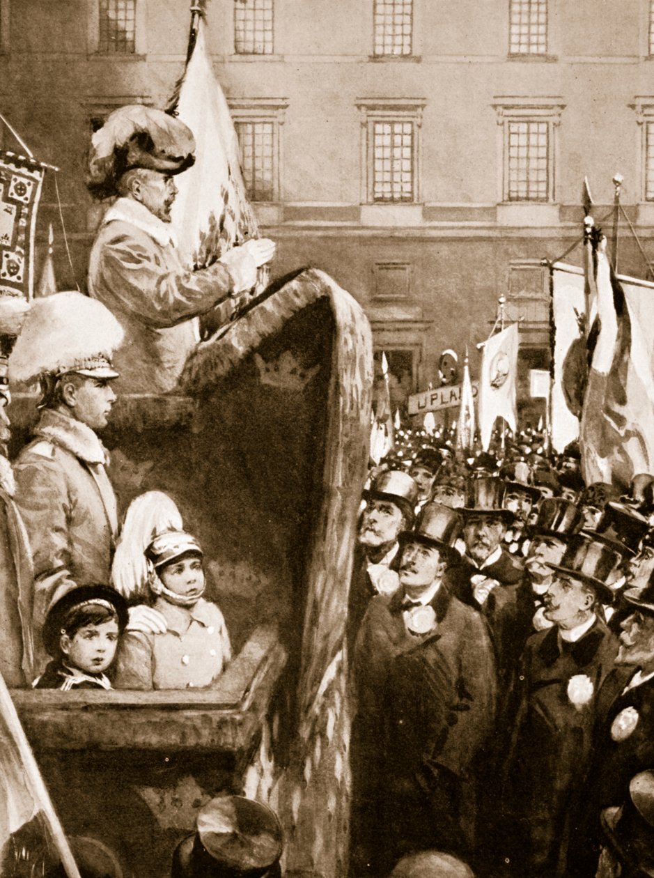 Kong Charles XV av Sverige henvender seg til en folkemengde om økt bevæpning for å forsvare landet, 1866 av Unknown