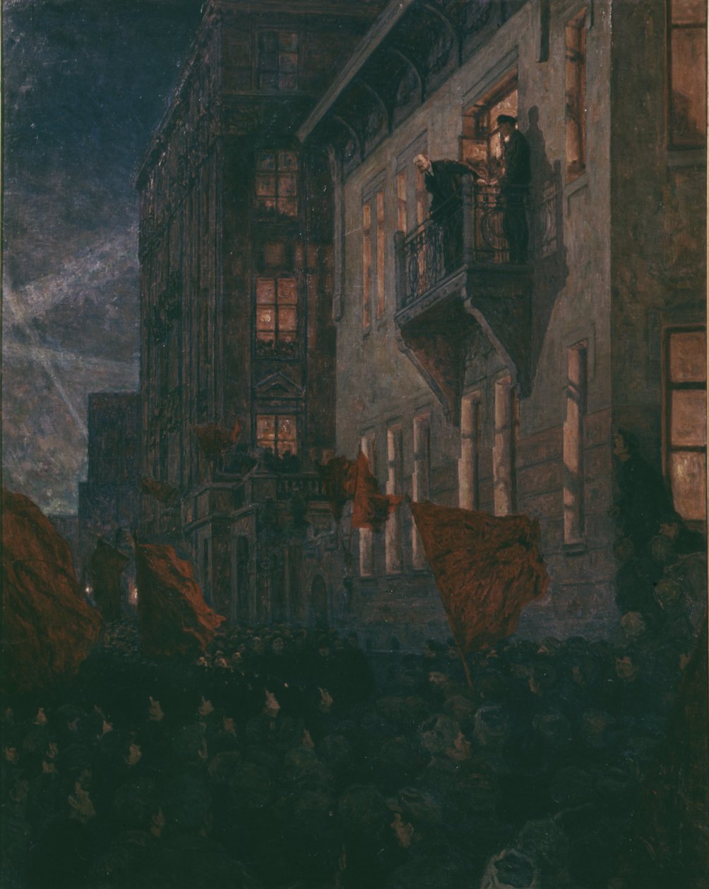 Lenin Når jeg snakker fra balkongen til Kshesinskaya-palasset eller V, går jeg, Lenin ut på balkongen til Kshesinskaya-palasset ved A, Moravov, Central Lenin Museum, Moskva. av Unknown