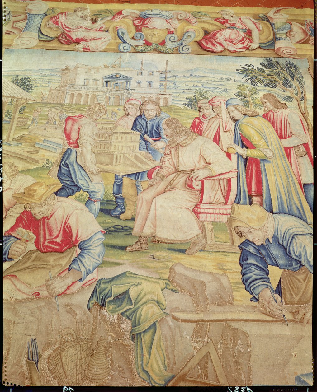 Lorenzo Medici (1449-92) og Giuliano da Sangallo (fl.1443-1516) Inspiserer modellen for villaen i Poggia a Caiano av Benedetto di Michele Squilli (fl.1555-88) og Joannes Stradanus (f. Jan van de av Unknown