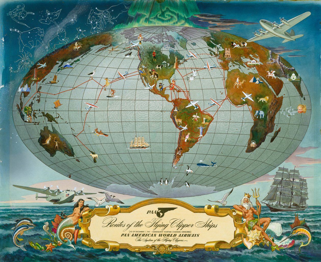 Manuskriptkart over verden - Pan American World Airways, ca. 1942 av Unknown