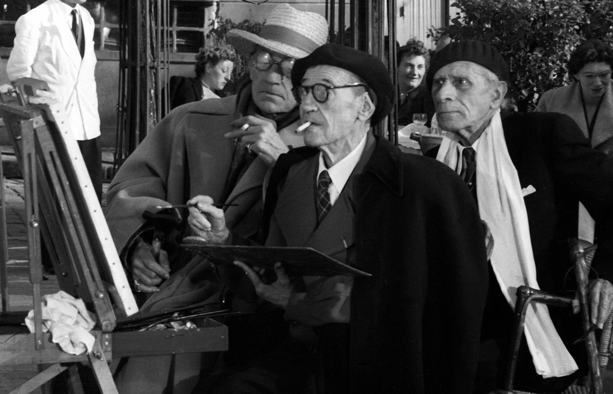 Maurice Utrillo (1883-1955) Maleri i Montmartre i Paris, Tertre Square, Near Sacre Coeur, 10. oktober 1955 med Sacha Guitry og Paul Fort da han malte et lerret for film hvis Paris ble fortalt til deg av Unknown
