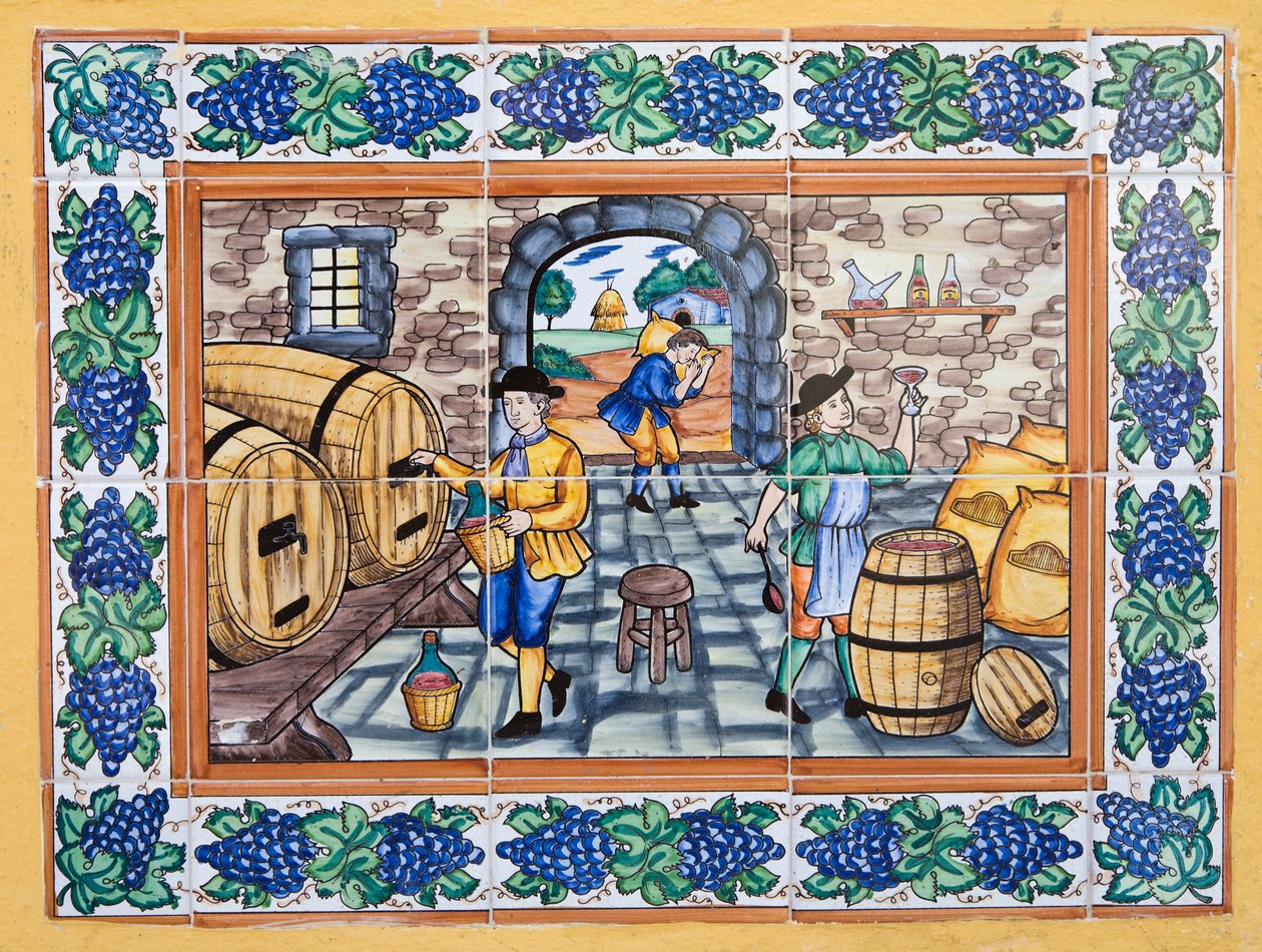Moderne spanske keramiske fliser i stil fra 1600- eller 1700-tallet som viser arbeidere i vingårdskjeller som sjekker kvaliteten på vin av Unknown
