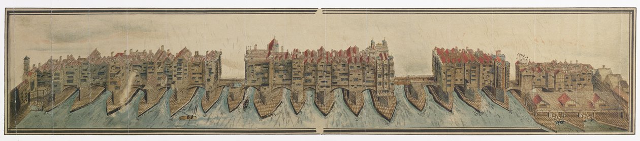 Old London Bridge i ca. 1600, kopiert av W. Griggs i 1881 fra en tegning i Pepys samling, i Magdalene College, Cambridge av Unknown
