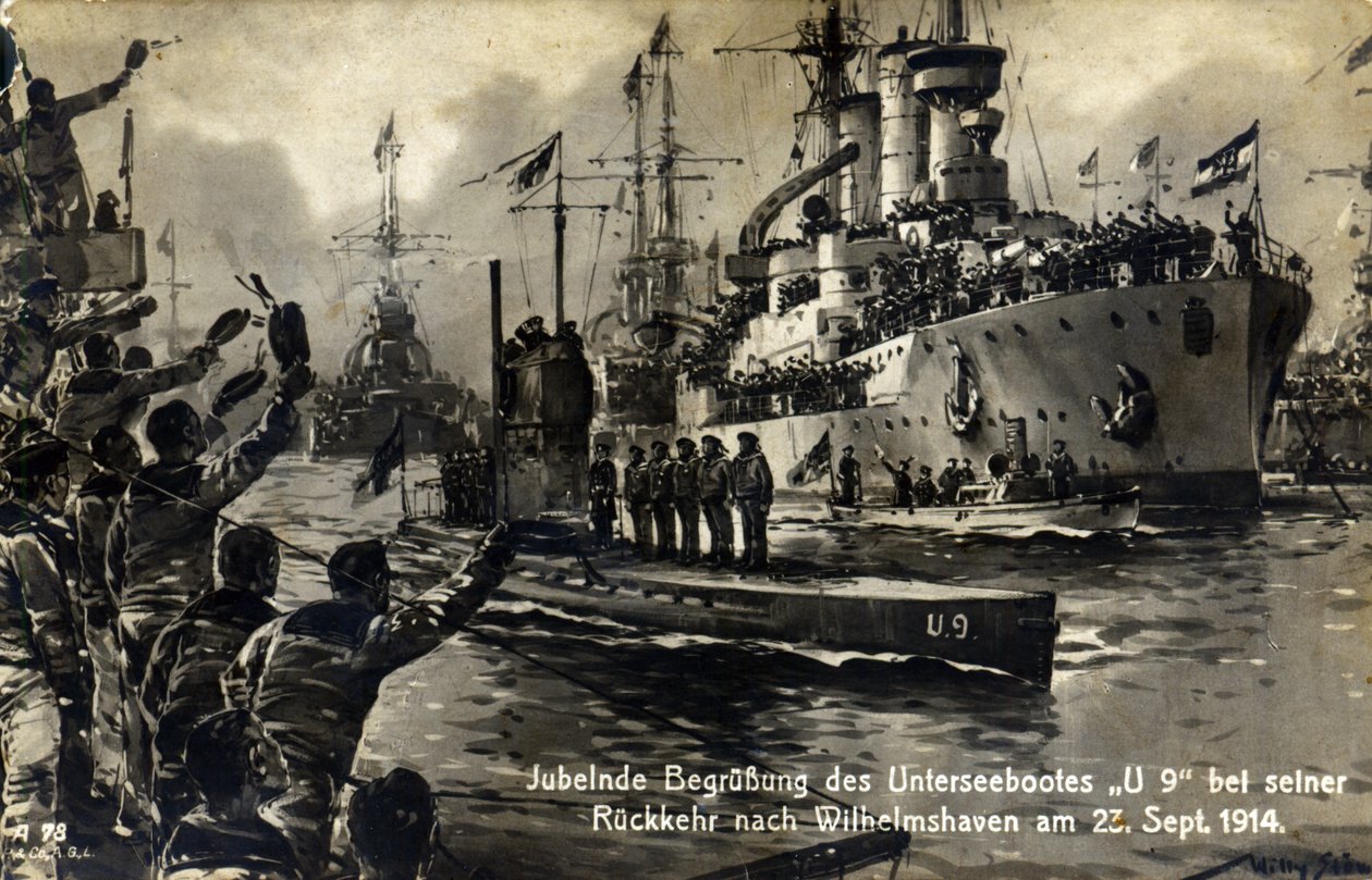Postkort med sjømenn som ønsker U-båten U9 velkommen ved retur til Wilhelmshaven, 23. september 1914 av Unknown