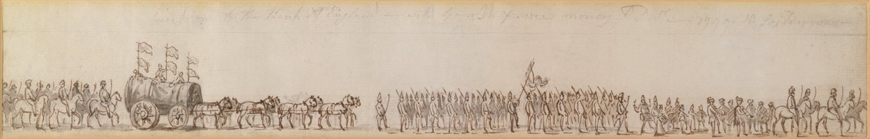 Prosesjon tar spanske penger tatt til fange av Royal Navy til Bank of England, 1799 (penn- og blekktegning) av Unknown