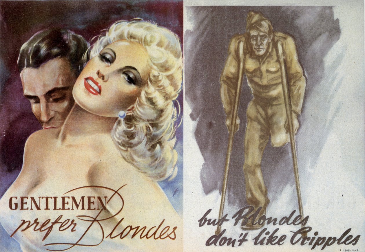Propaganda. Herrer foretrekker blondiner, men blondiner liker ikke krøplinger. 1944 av Unknown
