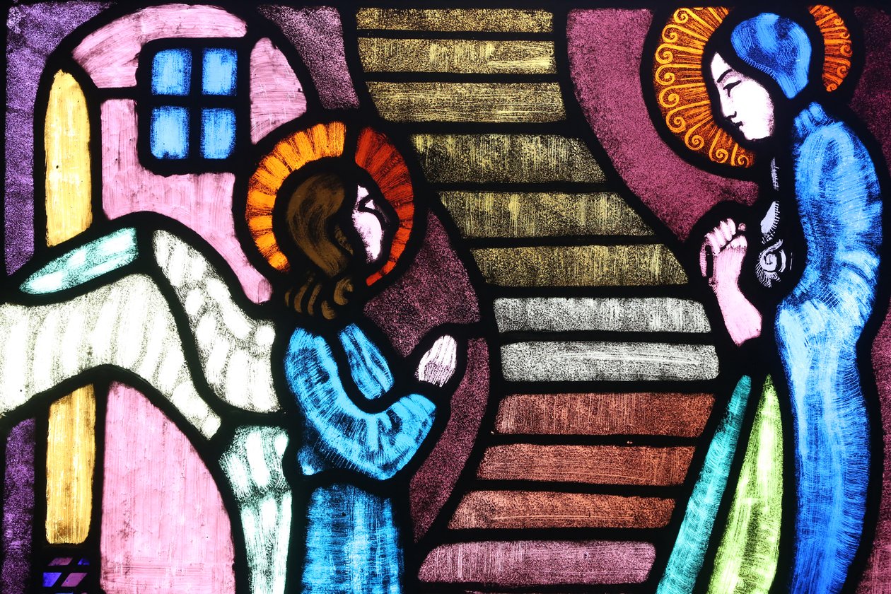 Saint Paul kirke, Glassmaleri av A Poncet, Bebudelsen til den salige jomfru Maria av engelen Gabriel, Genève, Sveits, av Unknown