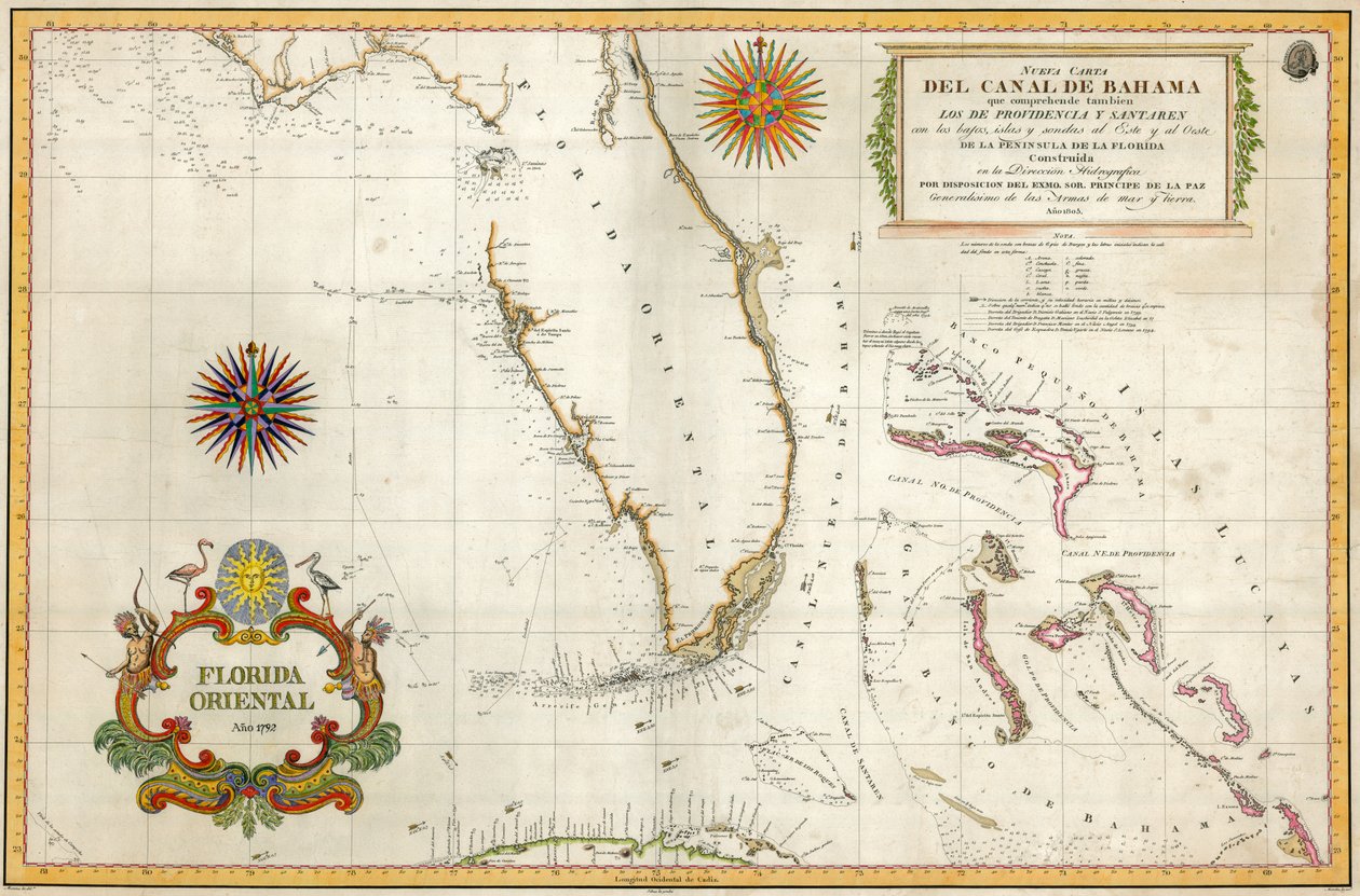 Spansk kart over Florida og Bahamas, 1805 (håndfarget gravering) av Unknown