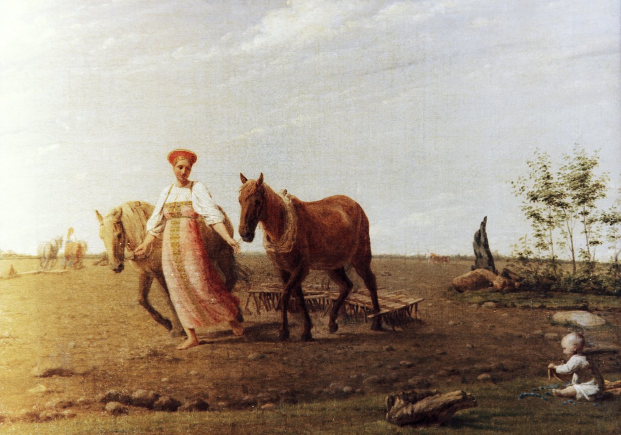 Vårpløyer et maleri av Alexei Venetsianov (1780 - 1847). av Unknown