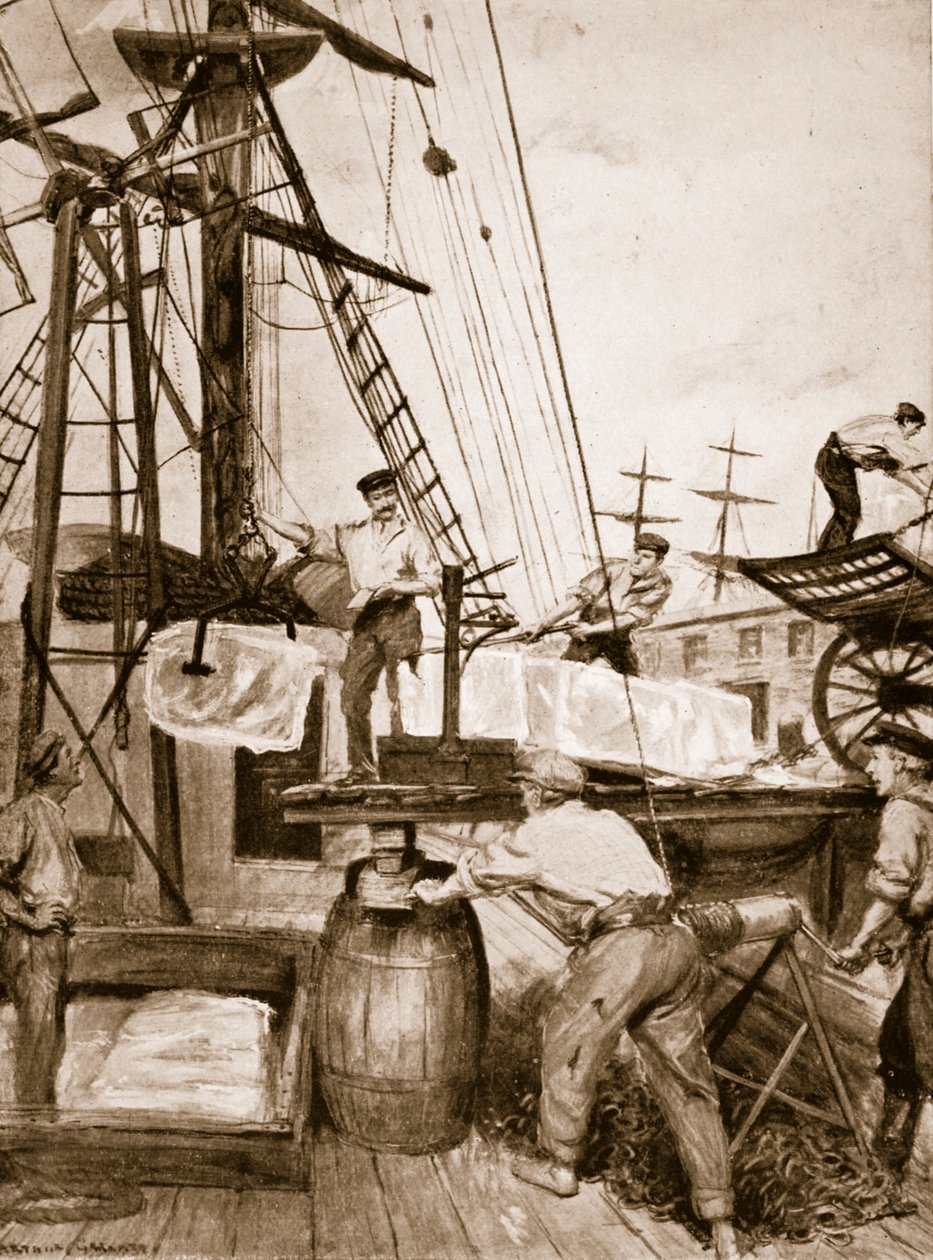 Ankomst og lossing av et norsk isskip ved en brygge i London av Unknown